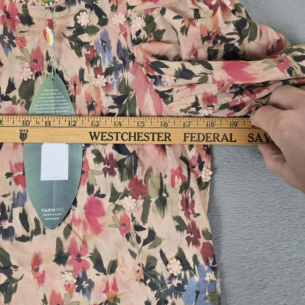 Farm Rio Anthropologie Puff-Sleeve Floral‎ Blouse Womens 2XS Top Button Lace NWT